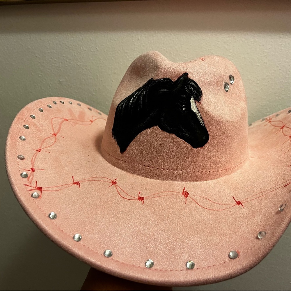 Adjustable Pink Cowgirl Hat with horse design and embellishments